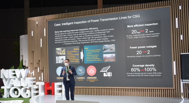 A Huawei executive onstage at MWC Barcelona 2022, launching the Intelligent Power Transmission Line Inspection Solution 2.0